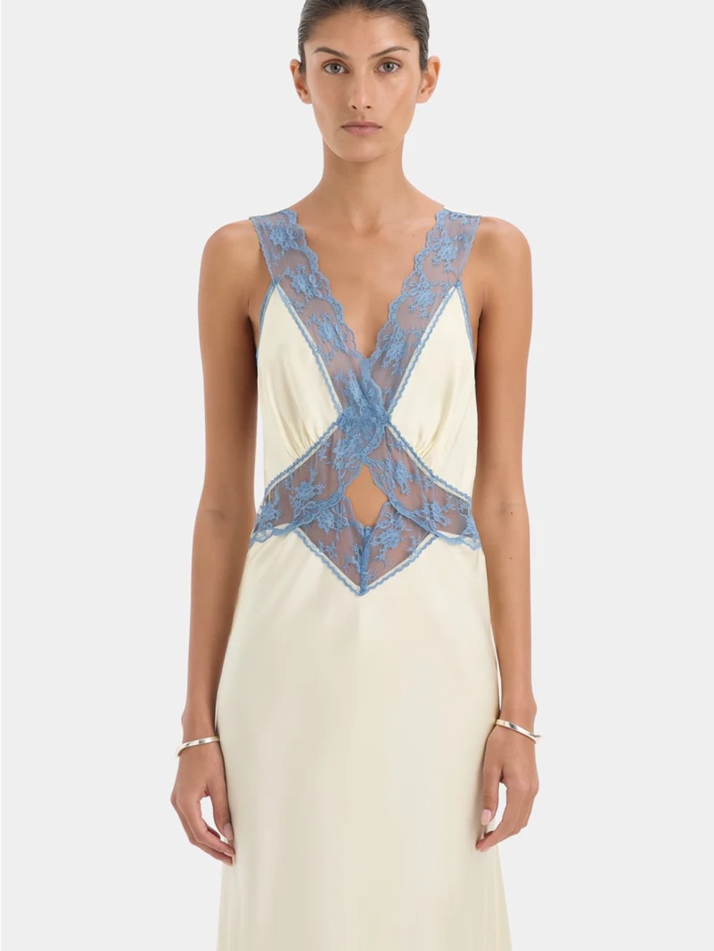 SIR the label Cream Maxi Slip Dress with Powder Blue Lace